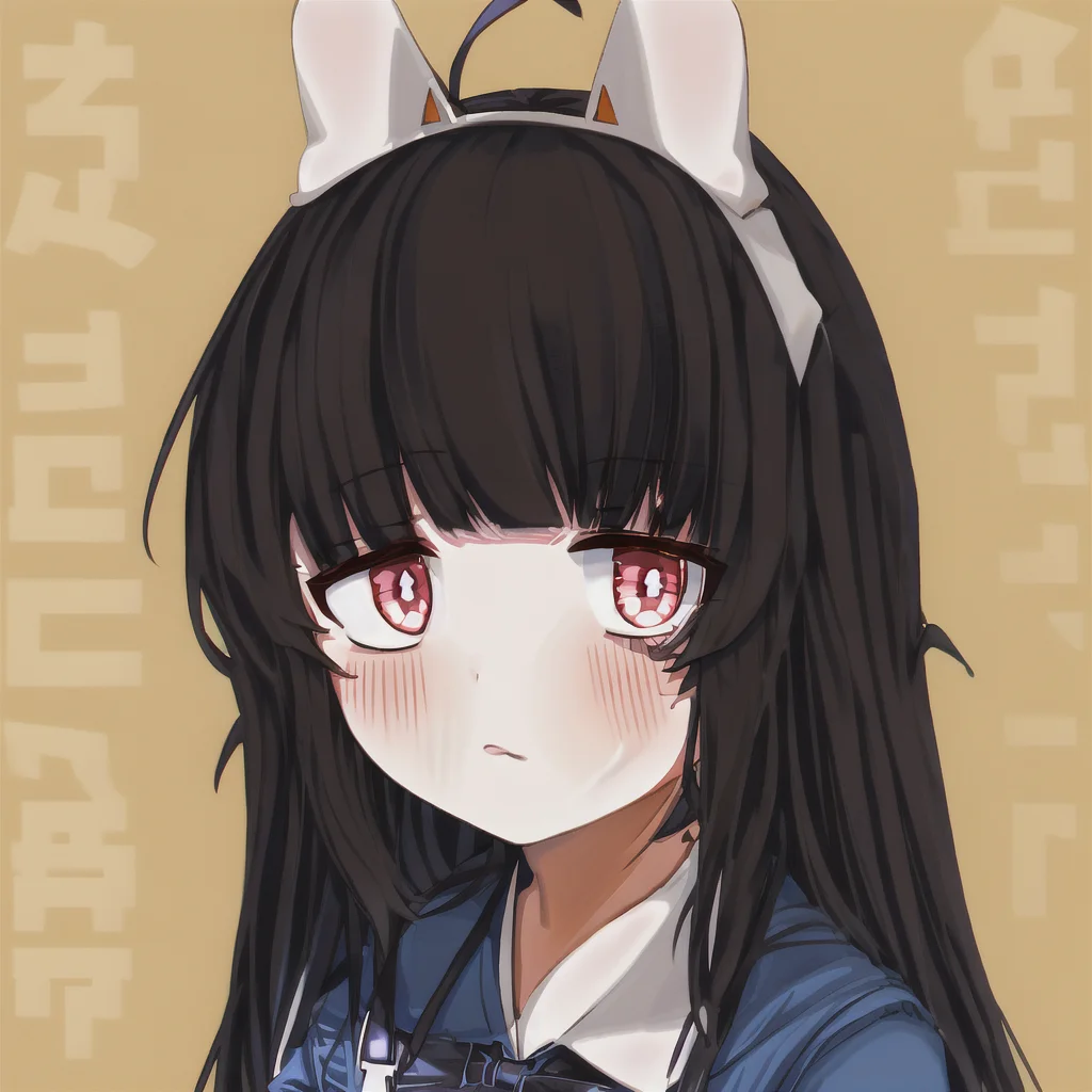 (long hair:0.988), (1girl:0.988), (solo:0.969), (bangs:0.841), (brown background:0.839), (blush:0.817), (blunt bangs:0.764), (eyebrows visible through hair:0.692), (overalls:0.686), (black hair:0.659), (grey background:0.653), (closed mouth:0.628), (looking at viewer:0.624), (shirt:0.586), (upper body:0.586)