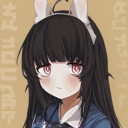(long hair:0.988), (1girl:0.988), (solo:0.969), (bangs:0.841), (brown background:0.839), (blush:0.817), (blunt bangs:0.764), (eyebrows visible through hair:0.692), (overalls:0.686), (black hair:0.659), (grey background:0.653), (closed mouth:0.628), (looking at viewer:0.624), (shirt:0.586), (upper body:0.586)