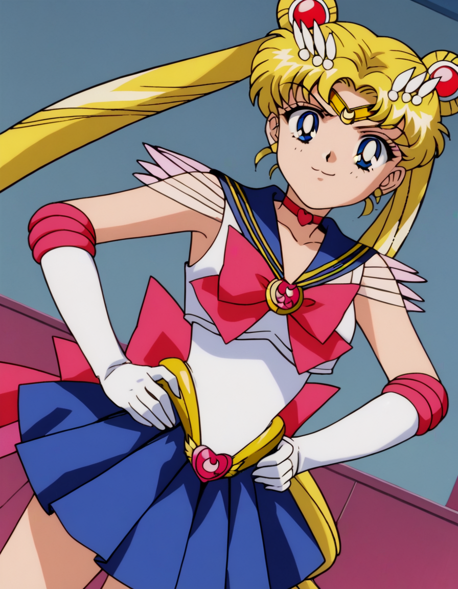 score_9, score_8_up, score_7_up, source_anime, <lora:usagi-tsukino-supers-movie-ponyxl-lora-nochekaiser:1>, usagi tsukino, blonde hair, blue eyes, double bun, hair bun, hair ornament, long hair, twintails, circlet, parted bangs,, back bow, blue sailor collar, blue skirt, bow, brooch, choker, crescent moon, elbow gloves, gloves, jewelry, magical girl, pleated skirt, red bow, red choker, ribbon, sailor collar, sailor senshi uniform, skirt, white gloves,, indoors, smug, smile, looking at viewer, solo, hands on hips,, cowboy shot, dutch angle