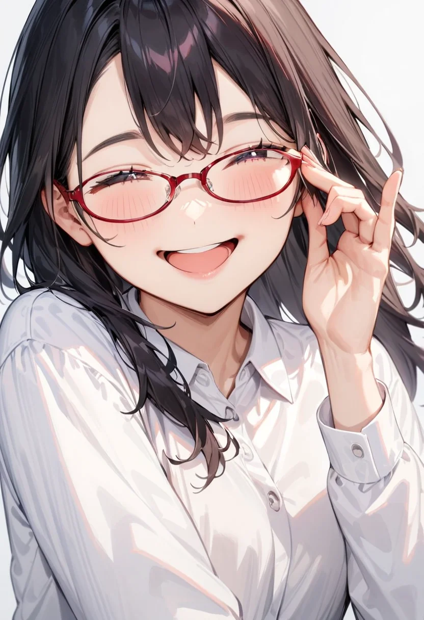 masterpiece, best quality, very aesthetic, absurdres,
1girl, solo, black hair, long hair,
oval_cell, glasses, red-framed eyewear,
collared shirt, happy, smile, looking at another, adjusting eyewear, white background, simple background,
<lora:oval_glasses_cell-frame2_SDXL_V1:0.8>