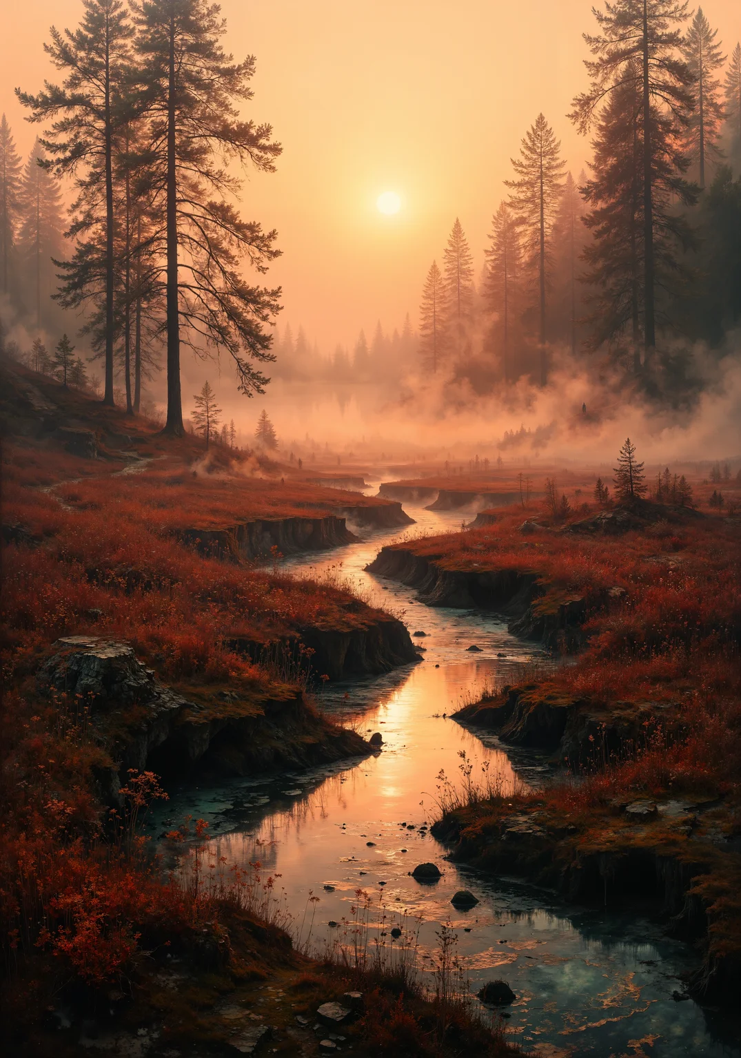 Aerial view of a crimson-hued fen at dawn, intricate peat formations weaving through stagnant pools reflecting molten gold skies. Low-angle perspective captures towering reeds silhouetted against a mist-laden horizon, dewdrops clinging to sphagnum moss in extreme close-up. Sweeping tracking shot follows a dragonfly's path across bioluminescent algae blooms, their emerald filaments undulating in brackish currents. Dense fog blankets distant tamarack stands, their amber needles diffusing first light into ethereal halos. 8k photorealistic rendering highlights cracked mud textures, prismatic oil slicks, and feathery cotton grass seed heads trembling in zephyrs. Masterpiece composition balances saturated ochre vegetation with slate-blue water channels, atmospheric perspective fading into pearlescent haze. Ultra-wide aspect ratio emphasizes the wetland's vastness, with foreground fiddleheads unfurling in crystalline detail against macro water strider reflections. <lora:RM_Enhancer_v1.0_bf16:0.5> <lora:ck-charcoal-drawing-000014:0.6> <lora:flux_hyperkraximalism-balanced:0.8> <lora:Mezzotint_Artstyle_for_Flux_-_by_Ethanar:0.4> <lora:flux_dev:1>