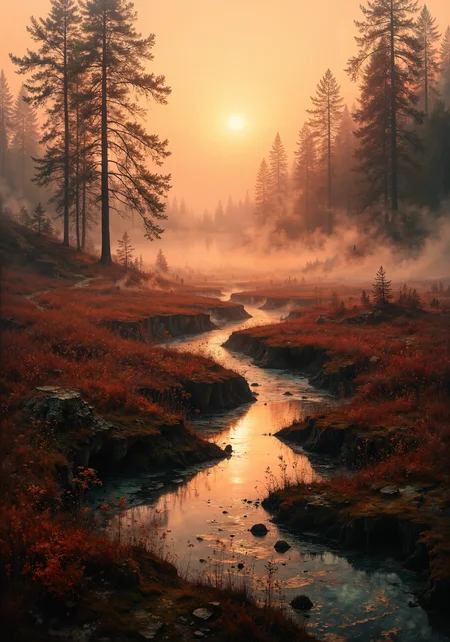 Aerial view of a crimson-hued fen at dawn, intricate peat formations weaving through stagnant pools reflecting molten gold skies. Low-angle perspective captures towering reeds silhouetted against a mist-laden horizon, dewdrops clinging to sphagnum moss in extreme close-up. Sweeping tracking shot follows a dragonfly's path across bioluminescent algae blooms, their emerald filaments undulating in brackish currents. Dense fog blankets distant tamarack stands, their amber needles diffusing first light into ethereal halos. 8k photorealistic rendering highlights cracked mud textures, prismatic oil slicks, and feathery cotton grass seed heads trembling in zephyrs. Masterpiece composition balances saturated ochre vegetation with slate-blue water channels, atmospheric perspective fading into pearlescent haze. Ultra-wide aspect ratio emphasizes the wetland's vastness, with foreground fiddleheads unfurling in crystalline detail against macro water strider reflections. <lora:RM_Enhancer_v1.0_bf16:0.5> <lora:ck-charcoal-drawing-000014:0.6> <lora:flux_hyperkraximalism-balanced:0.8> <lora:Mezzotint_Artstyle_for_Flux_-_by_Ethanar:0.4> <lora:flux_dev:1>