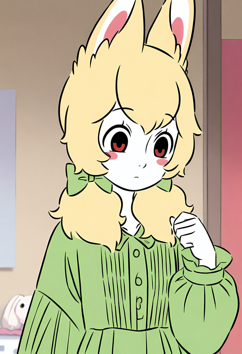 <lora:xiaoyu:1>,xiaoyu,1girl,solo,furry female,black eyes,red eyes,blonde hair,twintails,hair bow,animal ears,white skin,
green dress,dress,long sleeves,green bow,, masterpiece,best quality,amazing quality,absurdres, anime screenshot,