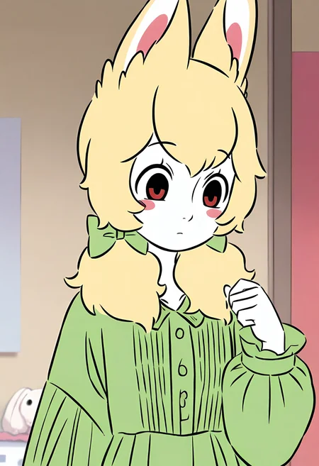 <lora:xiaoyu:1>,xiaoyu,1girl,solo,furry female,black eyes,red eyes,blonde hair,twintails,hair bow,animal ears,white skin,
green dress,dress,long sleeves,green bow,, masterpiece,best quality,amazing quality,absurdres, anime screenshot,