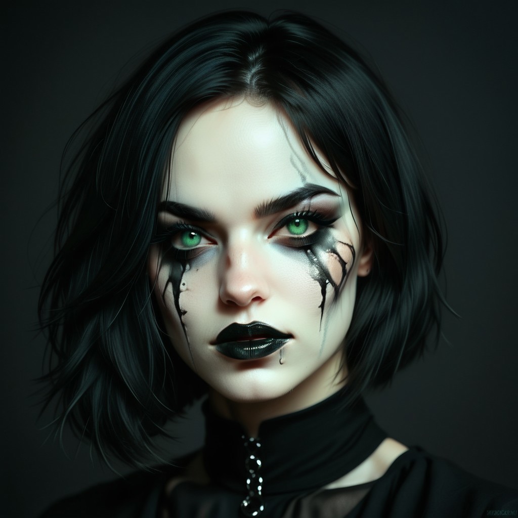 portrait of girl, white and black hair, bob haircut, black background, gothic makeup, ruined makeup, smudged makeup, with fangs visible, dark makeup, long eyelashes, high contrast, vibrant color palette, green eyes, black clothes, detailed face, sharp details, realistic digital painting, serious expression