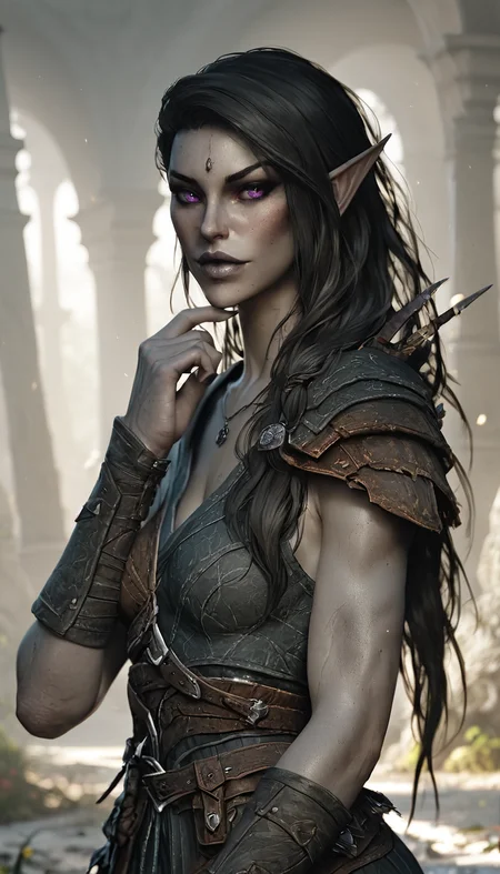 score_9, score_8_up, score_8_up, layering, ultra detailed, (ultra wide angle shot:0.65), shallow depth of field, alluring curves, tasteful sensuality, softcore, pinup girl pose, 1girl, ((dunmer)), skyrim, elder scrolls, dark elf, ((dark grey ashen skin)), drow with dark grey skin, dark grey lips, tall and slender, supermodel look with pronounced sharp cheekbones and narrow sharp long chin, photo, painting, light rays, <lora:Dunmer:1.15>, <lora:Skyrim_Project_SDXL_r1:0.6> <lora:Fant5yP0ny:0.7>, <lora:MJ52:0.5> <lora:NM_Karliah:0.5> NM_Karliah, purple eyes, long hair, brown hair, black hair,lips, makeup, Karliah
