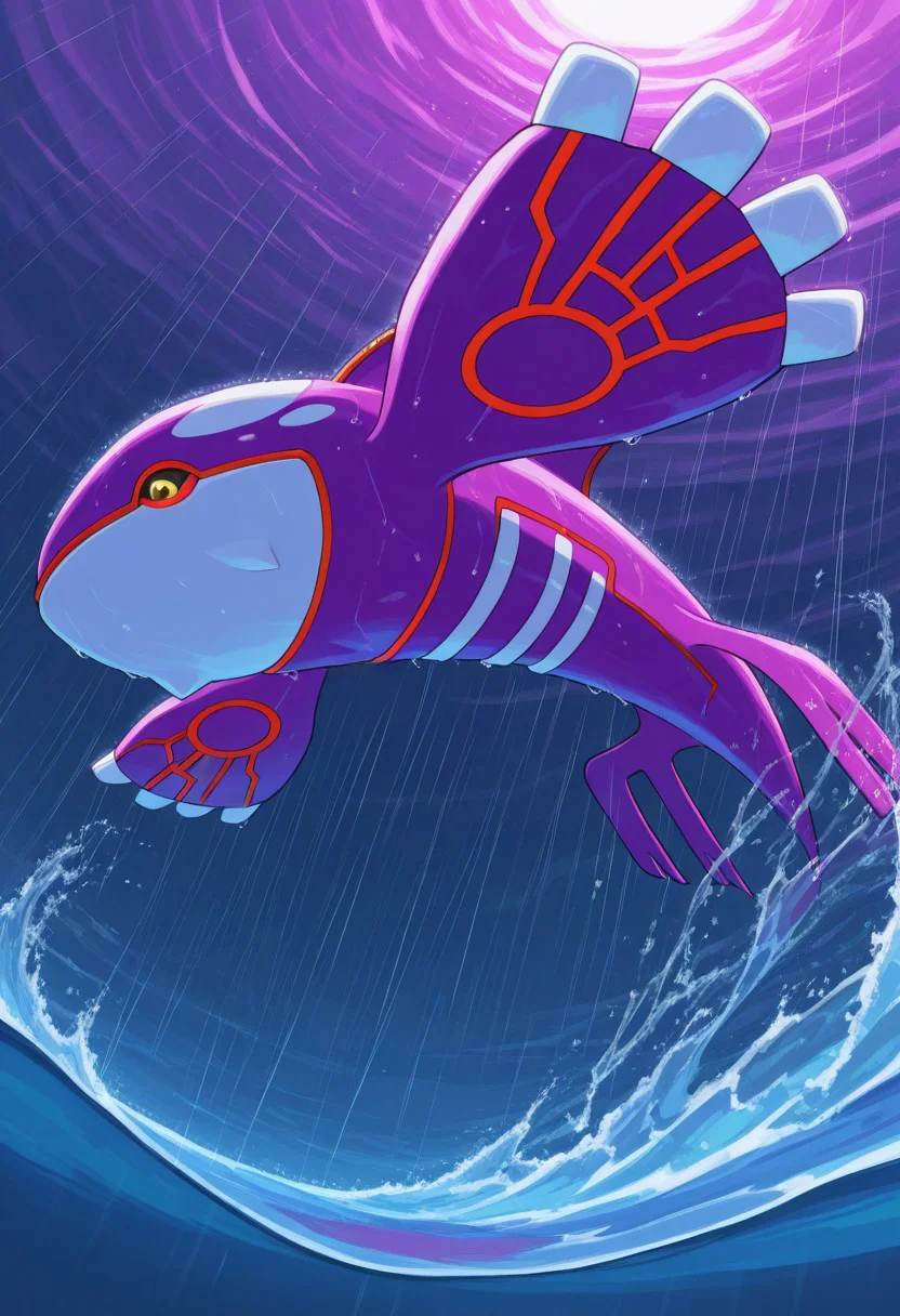 score_9, score_8_up, score_7_up, masterpiece, best quality, very aesthetic, absurdres, amazing quality, high resolution, ultra-detailed, volumetric lighting, newest, scenery, perspective, PKMN_Kyogre, 1other, solo, pokemon focus, yellow eyes, black sclera, red body markings, ShinyKyogre, pink skin, alternate color, jumping, out of water, splashing, closed mouth, rain,