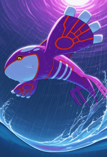 score_9, score_8_up, score_7_up, masterpiece, best quality, very aesthetic, absurdres, amazing quality, high resolution, ultra-detailed, volumetric lighting, newest, scenery, perspective, PKMN_Kyogre, 1other, solo, pokemon focus, yellow eyes, black sclera, red body markings, ShinyKyogre, pink skin, alternate color, jumping, out of water, splashing, closed mouth, rain,