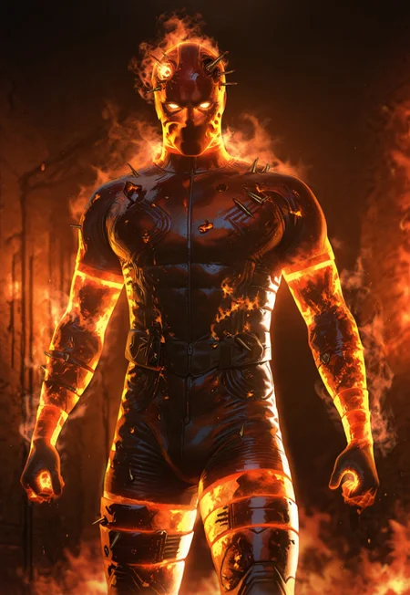 (((masterpiece))), (((high quality))), (((4k))), (((best quality))), (((very aesthetic))), (((source_realistic))), 1man, MGS Volgin, man on fire, glowing, burning, muscular, yellow eyes, glowing eyes, mask, bullets lodged in head, bullets lodged in body, burnt red uniform, from in front