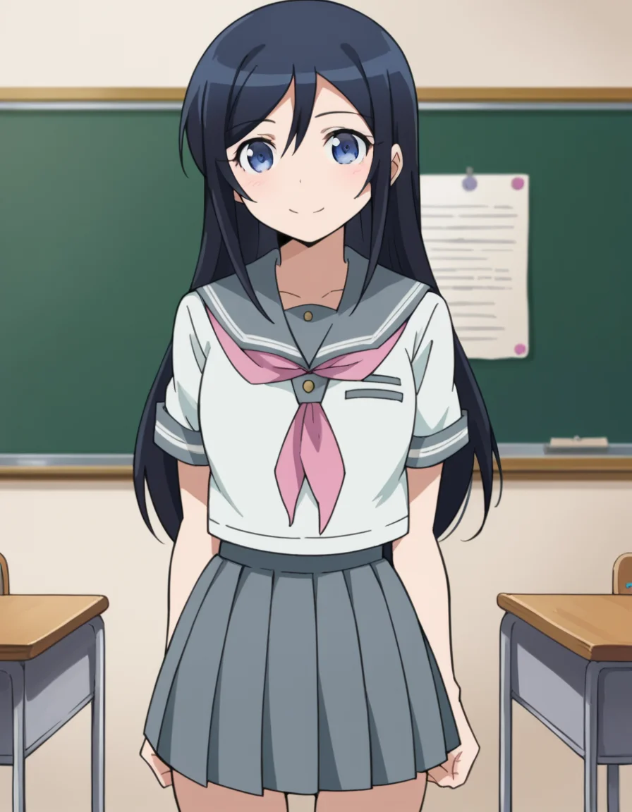 score_9, score_8_up, score_7_up, source_anime,
ayasearagaki, <lora:ayase-aragaki-s2-ponyxl-lora-nochekaiser:1>,
ayase aragaki, long hair, blue eyes, black hair, hair between eyes,
skirt, school uniform, serafuku, shirt, white shirt, grey sailor collar, grey skirt, pleated skirt, neckerchief, pink neckerchief,
indoors, classroom, smile,
looking at viewer, cowboy shot, solo, dutch angle,