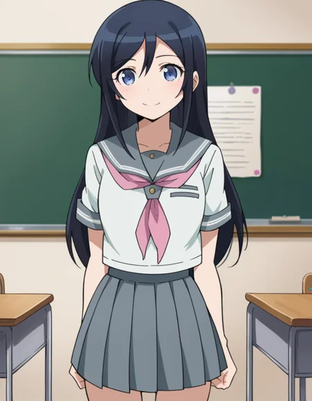 score_9, score_8_up, score_7_up, source_anime,
ayasearagaki, <lora:ayase-aragaki-s2-ponyxl-lora-nochekaiser:1>,
ayase aragaki, long hair, blue eyes, black hair, hair between eyes,
skirt, school uniform, serafuku, shirt, white shirt, grey sailor collar, grey skirt, pleated skirt, neckerchief, pink neckerchief,
indoors, classroom, smile,
looking at viewer, cowboy shot, solo, dutch angle,