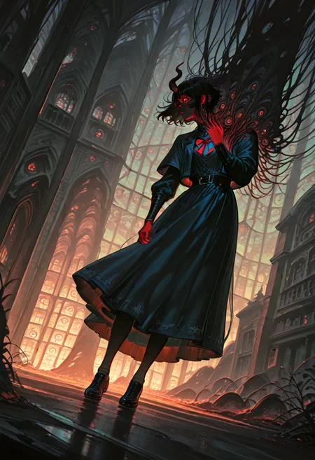 1girl,tiefling, hiding, in bloodcurdling Forsaken, haunted mansion,artist:ask \(askzy\),alp
,Guweiz,Ilya Kuvshinov,
dynamic angle, dynamic motion, creepy, horror,fenner, trippy,,absolutely eye-catching,,extremely detailed,, good composition, masterpiece, best quality, very aesthetic, very awa, absurdres, newest,
<lora:lora:0.2>โโโ , <lora:ponyv6_noobV1_2_adamW:0.4> <lora:fennerILL:0.7>, <lora:Dark_Retro_Scifi_Illustrious:0.3> <lora:D.I.D._Vaporwave_Visions:0.2> <lora:spo_sdxl_10ep_4k-data_lora_webui:0.2>โโโ