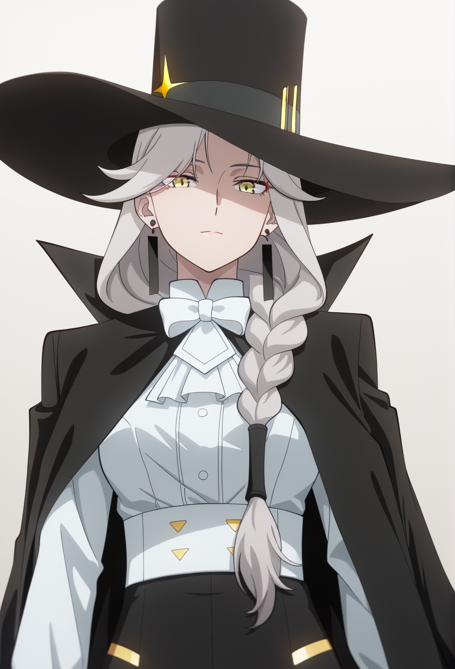 official style,(anime coloring:1.6),(anime screencap) masterpiece,masterpiece,best quality,very aesthetic,absurdres,highres,
mature female,slim figure,medium breasts,<lora:detailed hand focus style illustriousXL v1:0.5>,detailed,
light grey background,solid background,gradient background,backlighting,cinematic_angle,1girl,solo,
expressionless,looking at viewer,contempt,confident,elegant,standing,dynamic_angle,
<lora:To Be Hero X-QueenV1-Nuclear1811-IL:0.8>,Queen-Liu,yellow eyes,grey hair,long hair,bangs,hair over shoulder,braid,single braid,ch2,ch2 jewelry,ch2 earrings,ch2 ascot,ch2 white ascot,ch2 frills,ch2 bow,ch2 white bow,ch2 bowtie,ch2 white bowtie,ch2 shirt,ch2 white shirt,ch2 collared shirt,ch2 long sleeves,ch2 pants,ch2 black pants,ch2 high-waist pants,ch2 shoes,black footwear,ch2 boots,ch2 calf boots,ch2 high heel boots,ch2 hat,ch2 black headwear,ch2 top hat,ch2 black jacket,ch2 high collar jacket,ch2 jacket on shoulders,