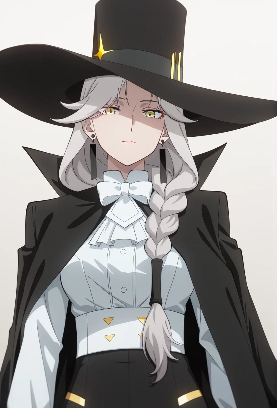 official style,(anime coloring:1.6),(anime screencap) masterpiece,masterpiece,best quality,very aesthetic,absurdres,highres,
mature female,slim figure,medium breasts,<lora:detailed hand focus style illustriousXL v1:0.5>,detailed,
light grey background,solid background,gradient background,backlighting,cinematic_angle,1girl,solo,
expressionless,looking at viewer,contempt,confident,elegant,standing,dynamic_angle,
<lora:To Be Hero X-QueenV1-Nuclear1811-IL:0.8>,Queen-Liu,yellow eyes,grey hair,long hair,bangs,hair over shoulder,braid,single braid,ch2,ch2 jewelry,ch2 earrings,ch2 ascot,ch2 white ascot,ch2 frills,ch2 bow,ch2 white bow,ch2 bowtie,ch2 white bowtie,ch2 shirt,ch2 white shirt,ch2 collared shirt,ch2 long sleeves,ch2 pants,ch2 black pants,ch2 high-waist pants,ch2 shoes,black footwear,ch2 boots,ch2 calf boots,ch2 high heel boots,ch2 hat,ch2 black headwear,ch2 top hat,ch2 black jacket,ch2 high collar jacket,ch2 jacket on shoulders,