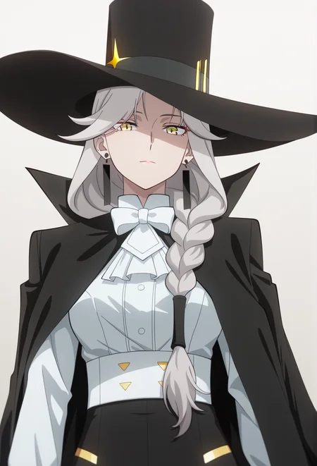 official style,(anime coloring:1.6),(anime screencap) masterpiece,masterpiece,best quality,very aesthetic,absurdres,highres,
mature female,slim figure,medium breasts,<lora:detailed hand focus style illustriousXL v1:0.5>,detailed,
light grey background,solid background,gradient background,backlighting,cinematic_angle,1girl,solo,
expressionless,looking at viewer,contempt,confident,elegant,standing,dynamic_angle,
<lora:To Be Hero X-QueenV1-Nuclear1811-IL:0.8>,Queen-Liu,yellow eyes,grey hair,long hair,bangs,hair over shoulder,braid,single braid,ch2,ch2 jewelry,ch2 earrings,ch2 ascot,ch2 white ascot,ch2 frills,ch2 bow,ch2 white bow,ch2 bowtie,ch2 white bowtie,ch2 shirt,ch2 white shirt,ch2 collared shirt,ch2 long sleeves,ch2 pants,ch2 black pants,ch2 high-waist pants,ch2 shoes,black footwear,ch2 boots,ch2 calf boots,ch2 high heel boots,ch2 hat,ch2 black headwear,ch2 top hat,ch2 black jacket,ch2 high collar jacket,ch2 jacket on shoulders,