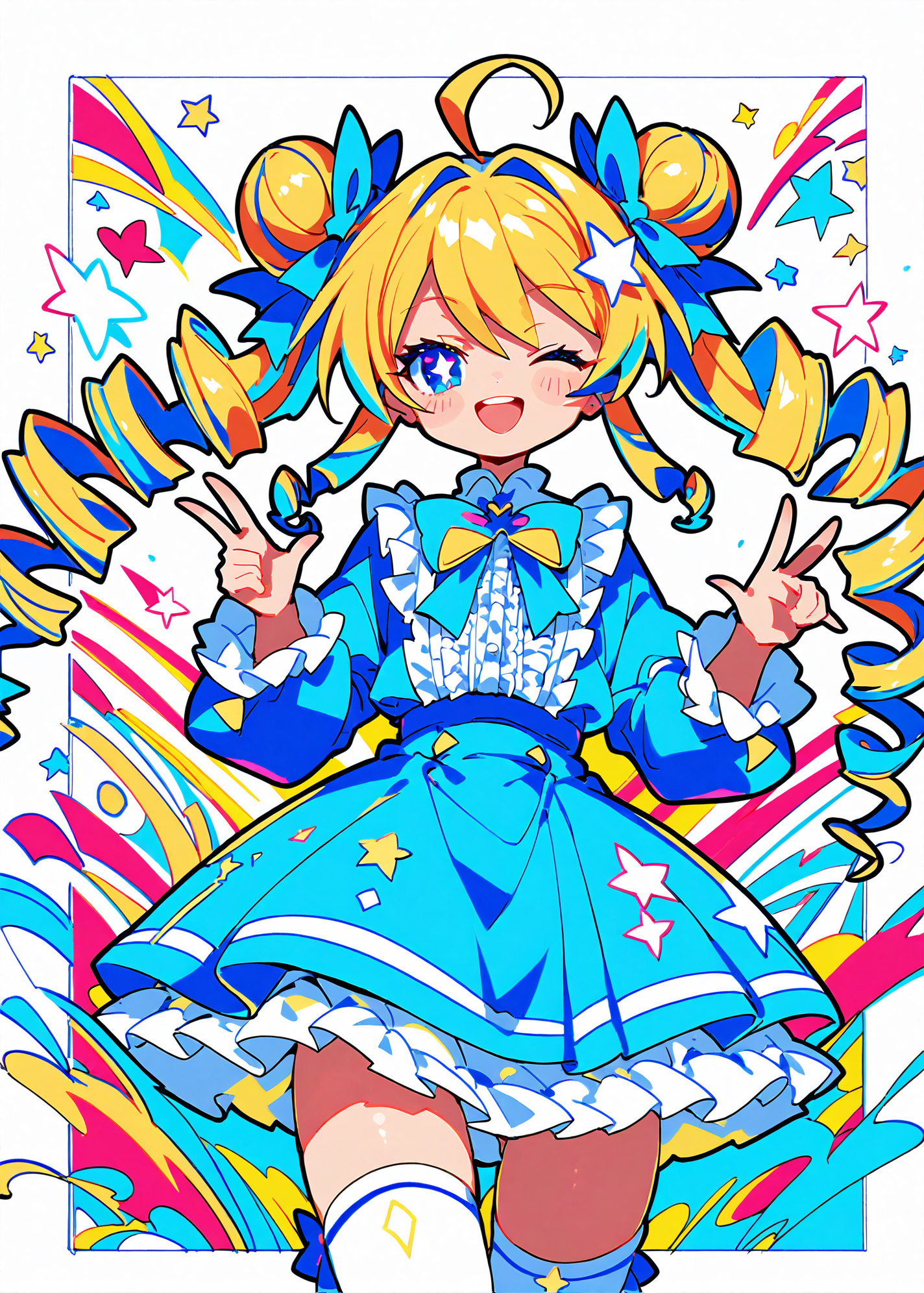 (score_9,score_8_up,score_7_up),
<lora:GIAST STYLE_tpony:0.8>,
,(giast:1.7),(colorful:1.3),(white background:1.2),,flat color, limited palette, low contrast,multicolored hair,
1girl, one eye closed, thighhighs, open mouth, solo, blue eyes, ahoge, white legwear, smile, long hair, heart ahoge, bow, blonde hair, twintails, hair bow, dress, ;d, long sleeves, looking at viewer, bangs, blush, double bun, heart, frills, white background, star (symbol), symbol-shaped pupils, eyebrows visible through hair, blue dress, cowboy shot, hair between eyes, drill hair, shirt