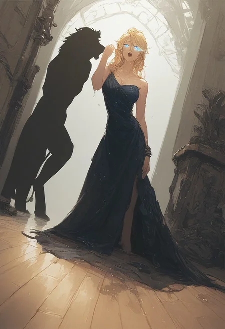 score_9, score_8_up, score_7_up, score_6_up, score_5_up, (art, dutch angle, wet floor, wooden floor, wrecked floor, beast, hulking beast, lion, solo, glowing eyes, (silhouette), 1girl, blonde hair, symmetrical bang, blue eyes, evening gown, yawning)