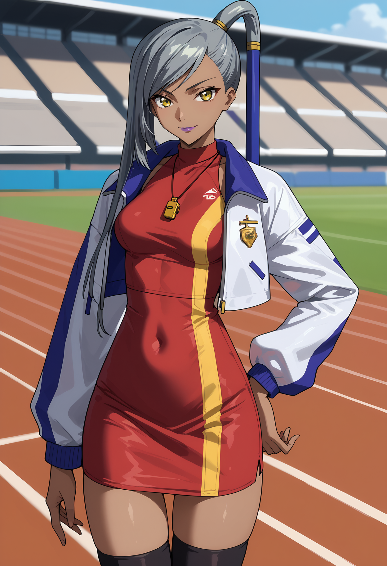 score_9, score_8_up,
<lora:CodeGeass_VillettaNuXL:0.9>,
1girl, closed mouth, light smile,
dark skin, dark-skinned female, long hair, grey hair, side ponytail, swept bangs, yellow eyes, purple lips,
cropped jacket, white jacket, red dress, whistle, short dress, black thighhighs,
hand on own hip, thighs, thigh gap, standing, looking at viewer,
blurry background, solo focus, track and field