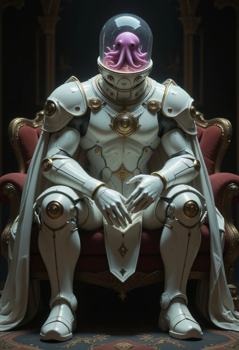 high quality cinematic shot of a heavy armored royal knight with a translucent fishtank-head resembling a fishbowl with a translucent purple octopus INSIDE, in pristine white armor sitting on a couch, volumetric lighting, realistic textures and light,