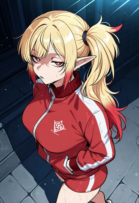 In the street, looking at viewer, Hands in pockets, side view,

medium breasts, massive ass, wipe hips, sweating,

1girl, solo, melany raklion, elf, long hair, side ponytail, blonde hair, red eyes, two-tone hair, red hair tips, White pupils, 

jewelry, Sports jacket, sports shorts, red clothes, Sneakers, heart earrings, Eyeshadow, makeup, black lipstick,