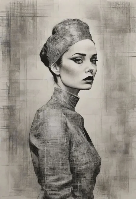 rough crosshatch drawing pop surrealism pop art Lunatic_Portrait of a girl in latex, slick back, low bun, black makeup, tj