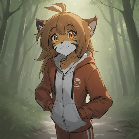 tiger girl,female furry,animal ears,brown hair,antenna hair,ahoge,animal nose,:3,detailed big yellow eyes,slit pupils,multicolored fur,white fur,orange fur,
adult,slim,1girl,solo,smug,smiling,cute,
Standing,fantasy forest,(red tracksuit:1.6),
anime,masterpiece,highly detailed,good artist,digital art,
<lora:FLTKL4-V2:0.6>, <lora:neg4all_bdsqlsz_xl_V7:1>