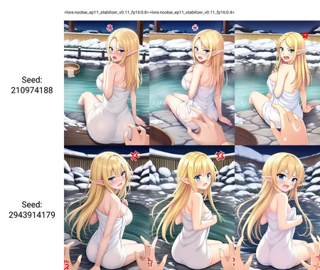 <lora:noobai_ep11_stabilizer_v0.11_fp16:0.8>1girl,elf,blonde hair,long hair,open mouth,sitting,looking back,anger vein,onsen,night,snow,towel,pov hands,