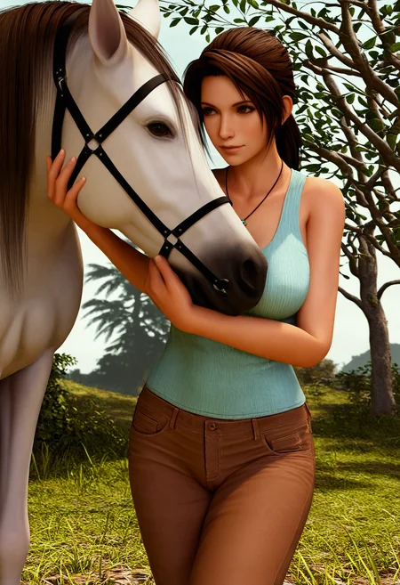 safe, masterpiece, very aesthetic, 3d, photorealism, realistic, 1girl, (lara croft:0.8), brown eyes, ponytail, necklace, tank top, pants, feral horse, hugging, outside, columns
<lora:3DStyle_NAIXL_v10:1>