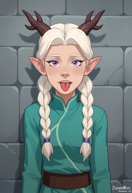 score_9, score_8, score_7, score_6,
triplevexx, solo, Lujanne, Elf, Moonelf, Horns, Long Twin Braids, White Hair, looking at viewer, leaning against marble wall, sticking tongue out, purple eyes,