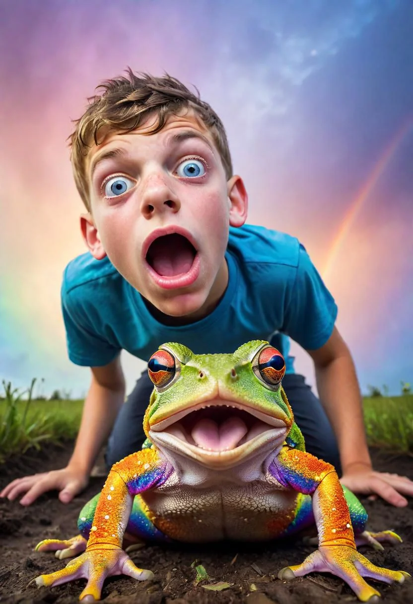 Low angle Of a {rainbow toad, looking teen boy, leaning on ground, popped eyes, half-open mouth, trying imitate}, Bright design, horizon-centered, (Foggy:0.5), Light caustics, by (john Wilhelm:1.36)