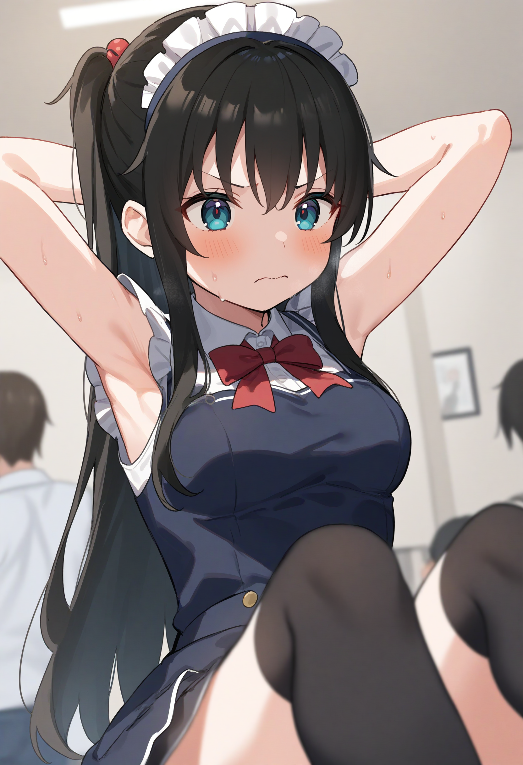 1girl,sincos, ningen mame, toosaka asagi,solo,medium breasts,20yo,maid,maid headdress,
sit-up, arms behind head, arms up, sweat, sitting, armpits, exercise, knees up, sweatdrop, thighs,<lora:sit-up_XL_v1:0.8>
ceiling, fisheye lens, looking down, black hair, gray eyes,angry, crowd, closed mouth, hime cut hair,,
best quality, very aesthetic, absurdres