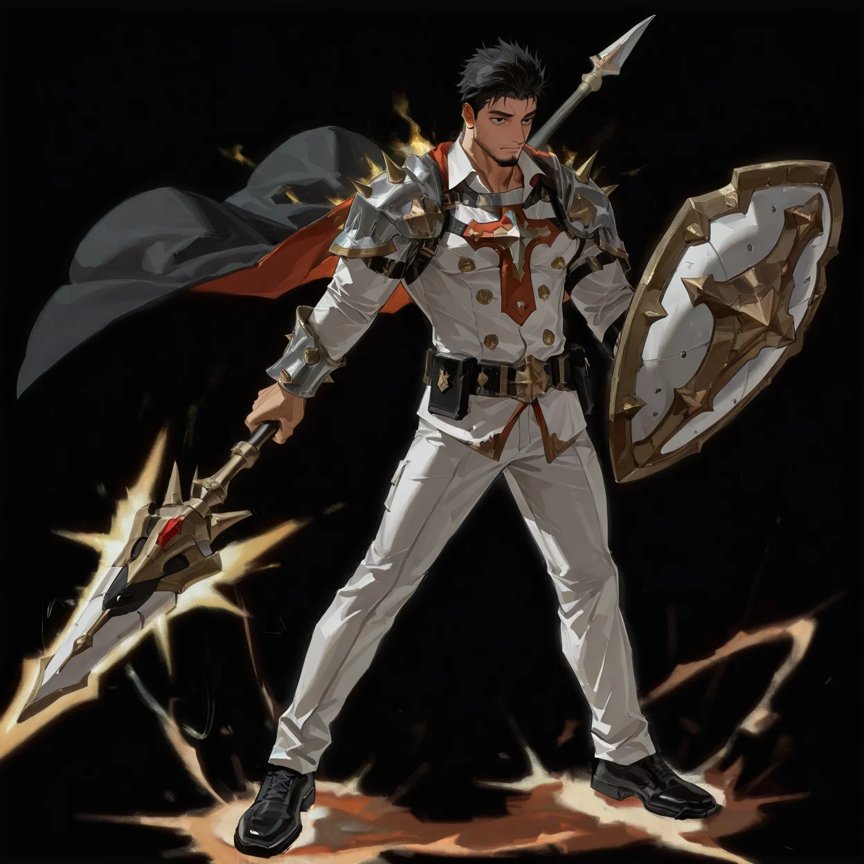 <lora:trial_character_with_less_material-000003:.5> tagatamegerald, mature male, 1boy, middle hair, spiked hair, black hair, black eyes, collared shirt, long sleeve, armor, white pants, cape, shield, spear, shoes, spark, sharp eyes
(very short hair, beard, bara, mature, facial hair, stubble, beard, full beard, sideburn, beard, a lot of beard, ), facial hair,male focus, muscular male, muscular male, bara, mature, bara, mature, aixiwuganda_(20222192), very awa, masterpiece, best quality, absurdres, newest, perfect quality, detailed background, intricate details,
<lora:slider_Body Type_alpha1.0_rank4_noxattn_last:3><lora:Anime Summer Days 2 Style SDXL_LoRA_Pony Diffusion V6 XL:.6><lora:slider_cfg_scale_boost:.7><lora:Artist6p:.55>, Artist6p, Artist04p,<lora:slider_il_brightness_slider_d1:-1><lora:slider_il_contrast_slider_d1:-1><lora:slider_DarkSlider1.2_alpha1.0_rank16_full_300steps:-.6>