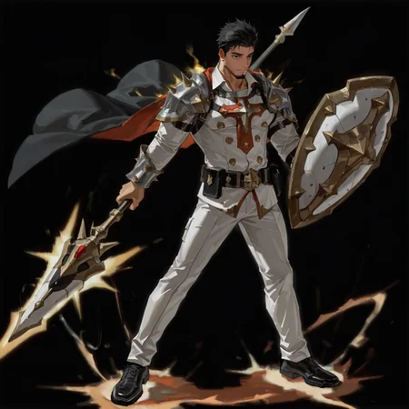 <lora:trial_character_with_less_material-000003:.5> tagatamegerald, mature male, 1boy, middle hair, spiked hair, black hair, black eyes, collared shirt, long sleeve, armor, white pants, cape, shield, spear, shoes, spark, sharp eyes
(very short hair, beard, bara, mature, facial hair, stubble, beard, full beard, sideburn, beard, a lot of beard, ), facial hair,male focus, muscular male, muscular male, bara, mature,  bara, mature, aixiwuganda_(20222192), very awa, masterpiece, best quality, absurdres, newest, perfect quality, detailed background, intricate details,
<lora:slider_Body Type_alpha1.0_rank4_noxattn_last:3><lora:Anime Summer Days 2 Style SDXL_LoRA_Pony Diffusion V6 XL:.6><lora:slider_cfg_scale_boost:.7><lora:Artist6p:.55>, Artist6p, Artist04p,<lora:slider_il_brightness_slider_d1:-1><lora:slider_il_contrast_slider_d1:-1><lora:slider_DarkSlider1.2_alpha1.0_rank16_full_300steps:-.6>