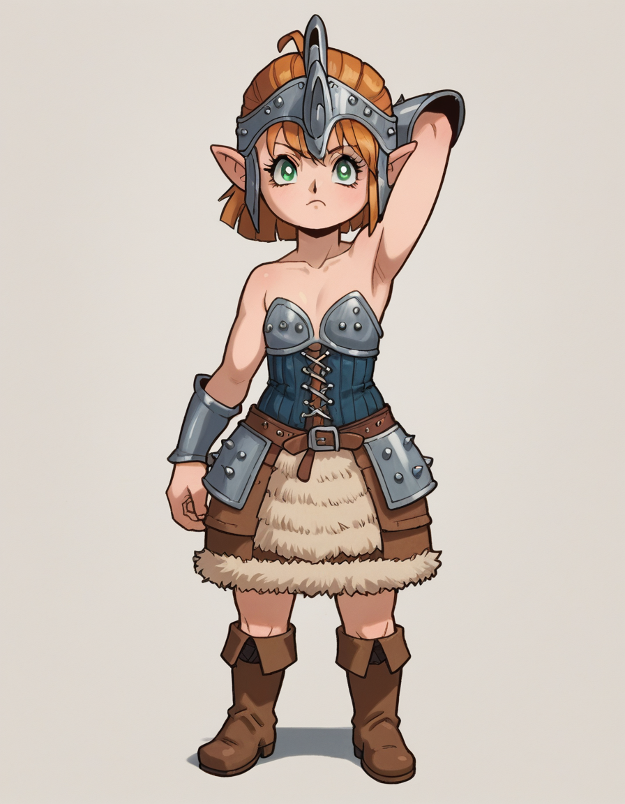 zPDXL, score_9, score_8_up, score_7_up, source_anime,
1girl, solo, sparkling eyes, (arm behind head), viking wearing Viking shieldmaiden ensemble with hide corset, chainmail skirt, hide bracers, fur boots, wolf-crested helmet, <lora:Lalafell_v2-10:1> lalafell, pointy ears, shortstack, flat chest, (portrait), <lora:Gunsmith_ver3:0.8> gnsmth , (three-quarter view),