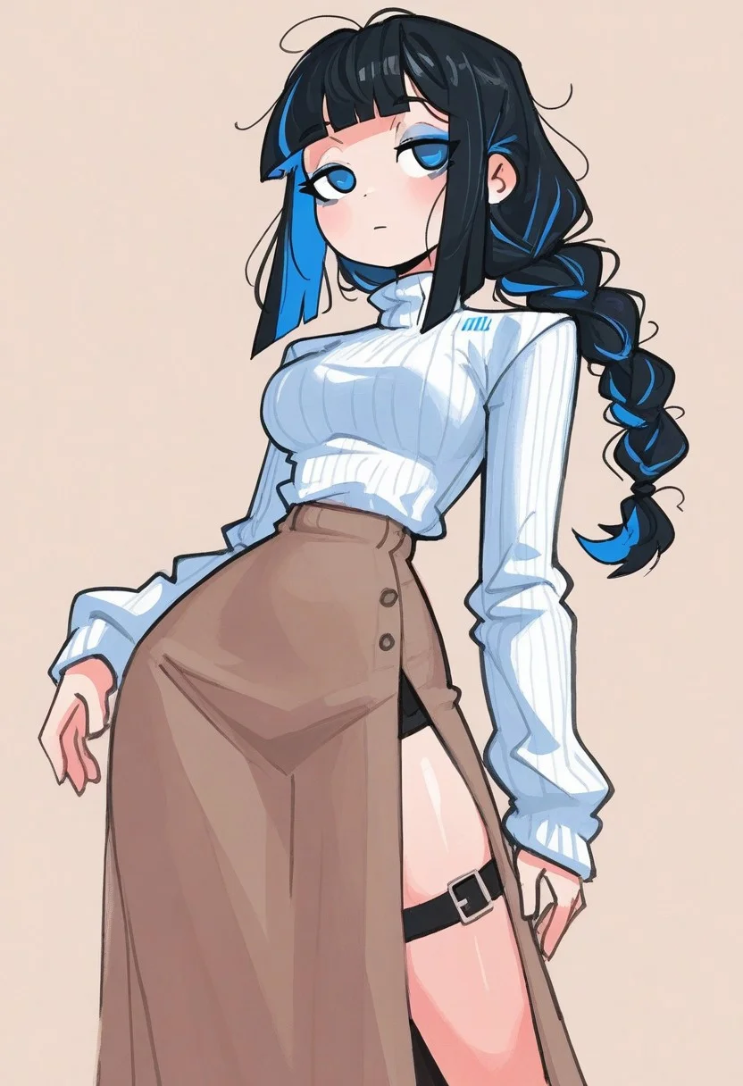 1girl , solo , blunt bangs , long braided ponytail , black hair , (blue hair highlights) ,white turtleneck sweater , side thigh long skirt , sidelocks , long sleeves , blue eyes ,emotionless ,half-open eyes , wide hip , medium breasts , blue eyeliner ,
masterpiece, best quality ,amazing quality , 4ndaerz_illu, Karinami Inkblush mode ,