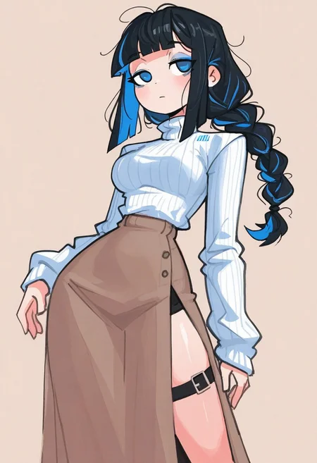 1girl , solo , blunt bangs , long braided ponytail , black hair , (blue hair highlights) ,white turtleneck sweater , side thigh long skirt , sidelocks , long sleeves , blue eyes ,emotionless ,half-open eyes , wide hip , medium breasts , blue eyeliner ,
masterpiece, best quality ,amazing quality , 4ndaerz_illu, Karinami Inkblush mode ,
