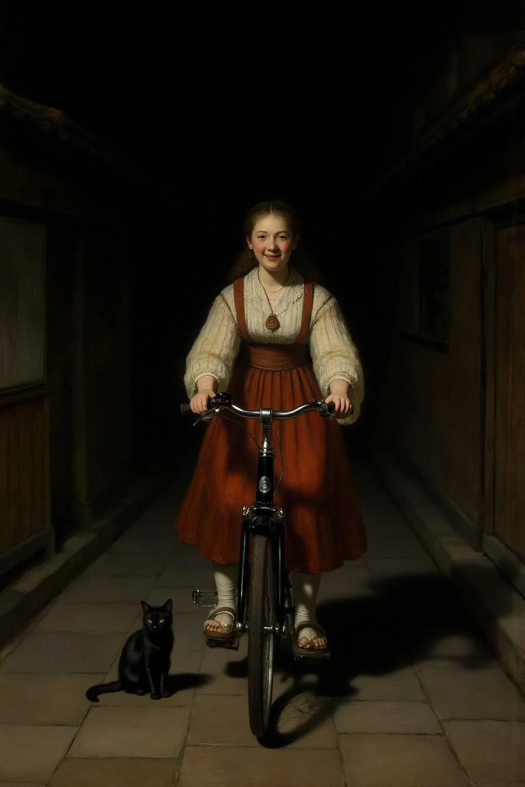 rembr2 painting
A Japanese school girl riding a old style bicycle through a narrow, quiet street at night. The happy woman wears a simple, flowing dress. In the corner, a small black cat with piercing eyes sits watching her quietly.
<lora:rembr_paint1_semicap_d6a3:1.0><lora:812151137403851587:0>