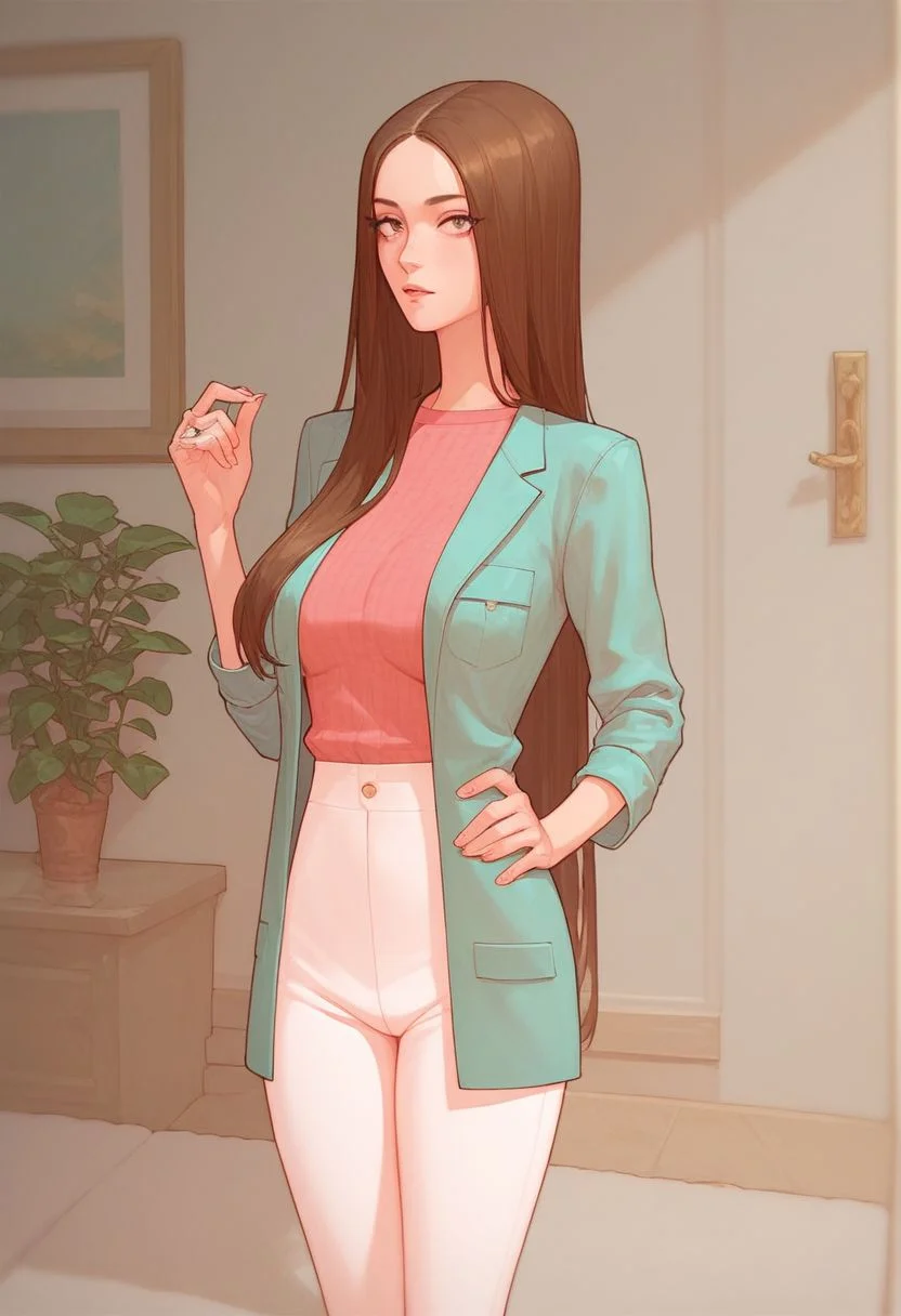Score_9_up, score_8_up, score_7_up, solo, 1girl, rubysn, brown hair, long hair, jacket, shirt, pants, hand on hip, Expressiveh