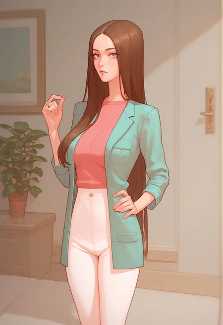 Score_9_up, score_8_up, score_7_up, solo, 1girl, rubysn, brown hair, long hair, jacket, shirt, pants, hand on hip, Expressiveh