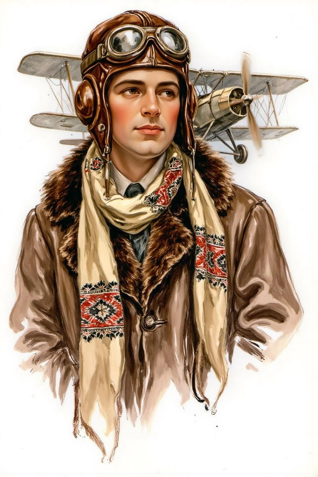 hafisher1 illustration.
A man from the 1920s, dressed in a brown, worn leather pilot's coat with a fur-lined collar, vintage pilot leather helmet . He wears a cream-colored scarf with intricate, geometric patterns, draped around his neck. The scarf appears to have a red and black design. The is a antique airplane in the background.
<lora:hafisher1_cap_d6a3e12:1.0><lora:829872219711663909:0>