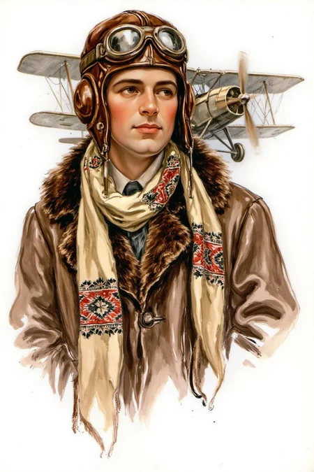 hafisher1 illustration.
A man from the 1920s, dressed in a brown, worn leather pilot's coat with a fur-lined collar, vintage pilot leather helmet . He wears a cream-colored scarf with intricate, geometric patterns, draped around his neck. The scarf appears to have a red and black design. The is a antique airplane in the background.
<lora:hafisher1_cap_d6a3e12:1.0><lora:829872219711663909:0>