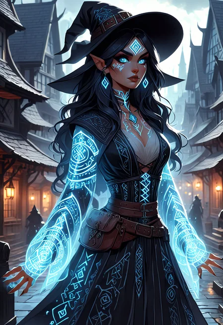 Glowing Runes, a witch wearing translucent outfit with runes, city background