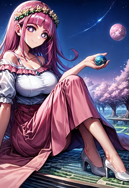 gorgeous lips, cinematic, (masterpiece), (best quality), (ultra-detailed), very aesthetic, perfect composition, intricate details, absurdres, detailed face, (anime, masterpiece, intricate:1.3), (best quality, hires textures, high detail:1.2), score_9, score_8_up, score_7_up, source_anime, 1girl, pokemonlacey, arched bangs, hairclip, pink hair, very long hair, side ponytail, symbol-shaped pupils, eyelashes, shirt, white shirt, collarbone, off shoulder, bra strap, skirt, pink skirt, flower crown, designer high heels, floral patterns, alternate_costume, large breasts, full body shot, facial expression, flirting, amused, smile, head tilt, soft eyes, goddess, planet size, giantess, giant goddess, humongous body, sitting down on a building, city, in the city, cherry blossom garden, small planets, floating objects, gradient eyes, beautiful detailed eyes, night, starry sky, holding planet, Side view, (masterpiece:1.4), (best quality:1.4), (ultra-detailed:1.2), gl0w, glow, Extreme Size Difference,