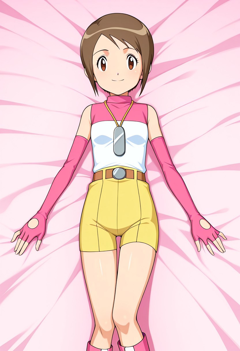 anime screencap, anime art style, digimon adventure 02, kari kamiya, short brown hair, anime girl, futuristic outfit, pink long sleeves, fingerless gloves, sleeveless white top, yellow shorts, high boots, pink and white boots, pendant necklace, 1girl, solo, brown hair, gloves, brown eyes, short hair, fingerless gloves, lying, on back, elbow gloves, smile, belt, looking at viewer, shorts, yellow shorts, 1outfit,2 Character