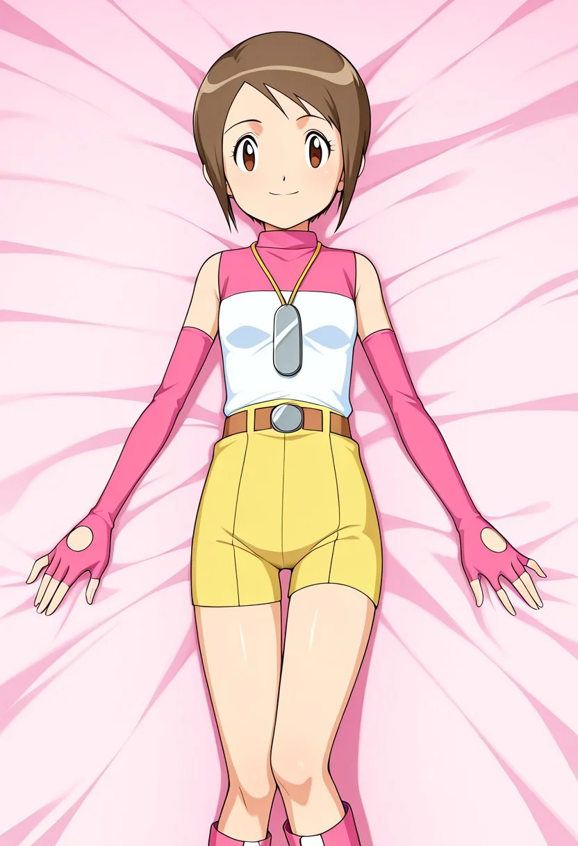 anime screencap, anime art style, digimon adventure 02, kari kamiya, short brown hair, anime girl, futuristic outfit, pink long sleeves, fingerless gloves, sleeveless white top, yellow shorts, high boots, pink and white boots, pendant necklace, 1girl, solo, brown hair, gloves, brown eyes, short hair, fingerless gloves, lying, on back, elbow gloves, smile, belt, looking at viewer, shorts, yellow shorts, 1outfit,2 Character