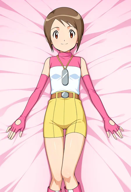 anime screencap, anime art style, digimon adventure 02, kari kamiya, short brown hair, anime girl, futuristic outfit, pink long sleeves, fingerless gloves, sleeveless white top, yellow shorts, high boots, pink and white boots, pendant necklace, 1girl, solo, brown hair, gloves, brown eyes, short hair, fingerless gloves, lying, on back, elbow gloves, smile, belt, looking at viewer, shorts, yellow shorts, 1outfit,2 Character