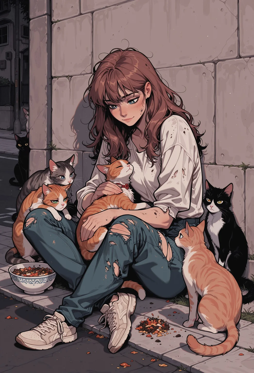 score_9, score_8_up, score_7_up, masterpiece, best quality, very aesthetic, 1girl, incoth, (incase:0.6), detailed face, (dynamic:1), stylized, illustration, deep blue eyes, white pupils, brown hair, long hair, disheveled hair, sitting on sidewalk, street, wall, (dirty:0.6), street urchin, ripped clothes, catfood, bowl, cats, many cats, snuggling against, affection, petting cat, (light smile:0.7), emotional, serene,