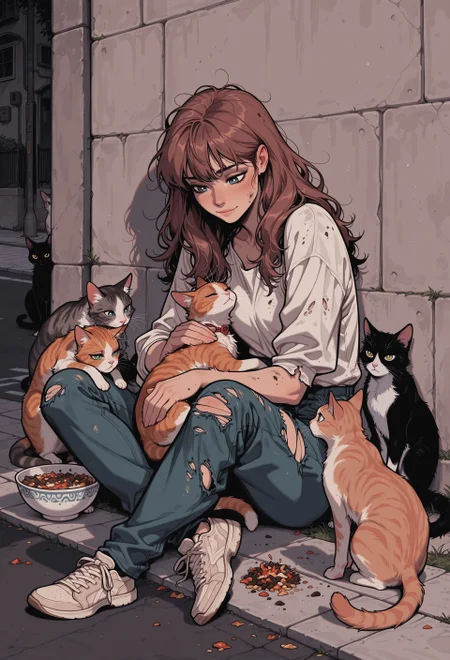 score_9, score_8_up, score_7_up, masterpiece, best quality, very aesthetic, 1girl, incoth, (incase:0.6), detailed face, (dynamic:1), stylized, illustration, deep blue eyes,  white pupils, brown hair, long hair, disheveled hair, sitting on sidewalk, street, wall, (dirty:0.6), street urchin, ripped clothes, catfood, bowl, cats, many cats, snuggling against, affection, petting cat, (light smile:0.7), emotional, serene, 