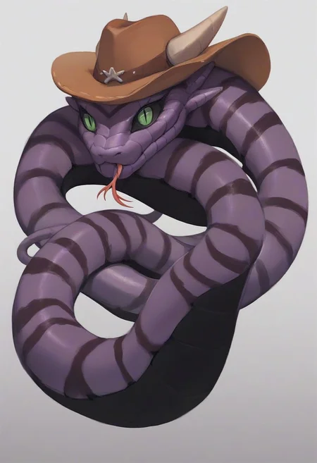 score_9, score_8_up, score_7_up, score_6_up, score_5_up, score_4_up, BREAK (snake, slit pupils, green eyes, purple body, body markings, black eye markings, 2 pair of horns, black belly scales, forked tongue, cowboy, cowboy hat, cowboy)
Wild west, cowboy