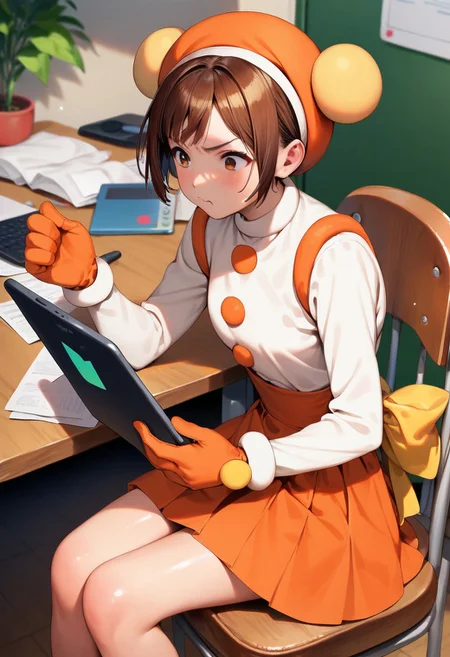 score_9, score_8_up, score_7_up, score_6_up, score_5_up, score_4_up,source_anime,
1girl, solo,
<lora:hananokouji kurara-000003:1.0>, hananokouji kurara, brown hair, bangs, hat, brown eyes, gloves, skirt, white shirt, long sleeves, magical girl, orange skirt, red gloves, yellow ribbon, sitting, desk, chair, tablet, looking at tablet, close up, angry, indoors, shiny skin,